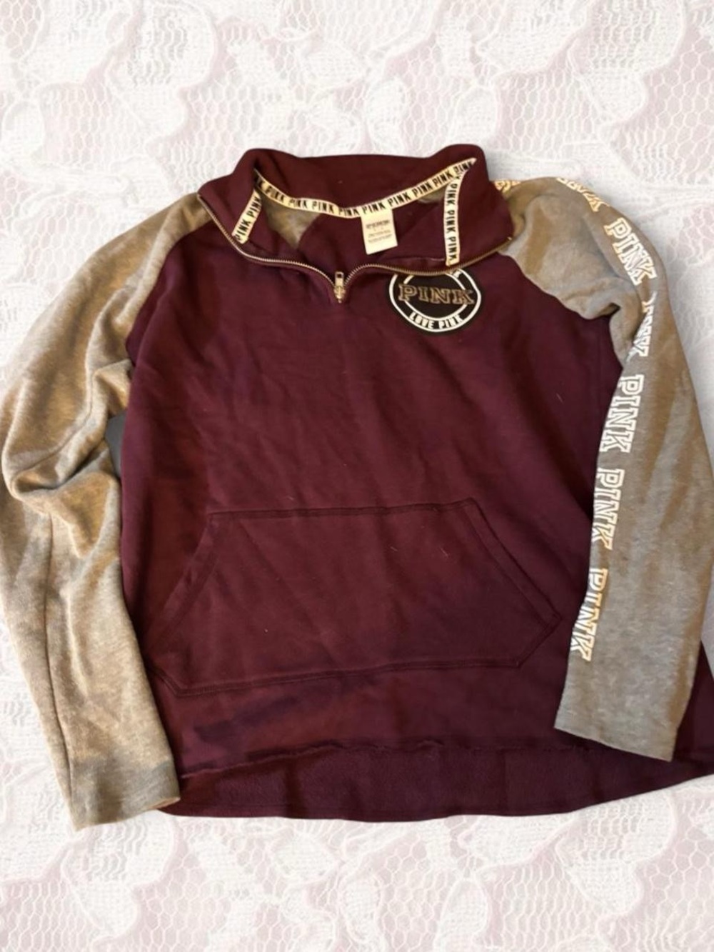 PINK Victoria's Secret Maroon Quarter-Zip Pullover with Gray Raglan Sleeves